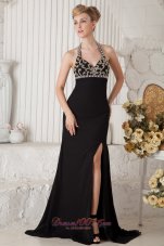 2013 Black Empire Halter Beading Prom Dress Brush Train Chiffon