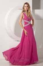 2013 Hot Pink A-line V-neck Floor-length Chiffon Appliques With Beading Prom dress