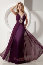2013 Dark Purple Prom Dress Column V-neck Floor-length Elastic Woven Satin and Chiffon Beading