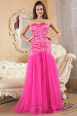 2013 Hot Pink Mermaid Strapless Brush Train Prom Dress Organza and Taffeta Beading