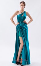 2013 Teal Column / Sheath One Shoulder Prom Dress Elastic Woven Satin Beading and Ruch Floor-length