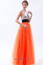 2013 Orange Red Empire Halter Prom Dress Tulle and Sequin Floor-length