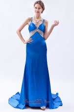 2013 Royal Blue Column / Shearth Straps Prom Dress Taffeta Beading Brush Train