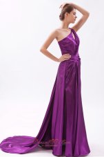 2013 Eggplant Purple Column Asymmetrical Brush Train Chiffon Ruch and Beading Evening Dress