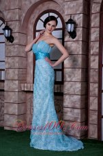 2013 Cute Aqua Blue Column Prom Dress Sweetheart Fabric With Rolling Flowers Brush Train