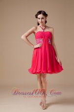 Luxurious Red Empire Strapless Short Prom Dress Chiffon Beading Mini-length