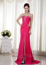 Hot Pink Column / Sheath Sweetheart Brush Train Chiffon Beading Prom Dress
