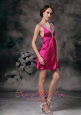 Fuchsia A-line V-neck Mini-length Taffeta Beading Prom / Homecoming Dress