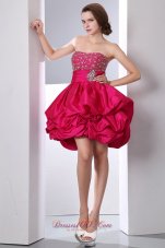 Hot Pink A-line Strapless Mini-length Taffeta Beading Prom Dress