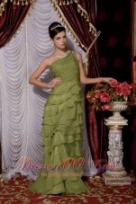 Olive Green Empire One Shoulder Brush Train Chiffon Beading Prom / Evening Dress