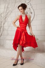 Beautiful Red Empire Halter Prom / Homecoming Dress Chiffon Ruch Tea-length