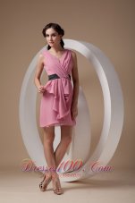 Rose Pink Column / Sheath V-neck Mini-length Chiffon Ruch Bridesmaid Dress