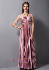 Pink Column Halter Floor-length Elastic Woven Satin Pleat Prom Dress