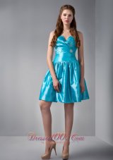 Teal A-line V-neck Mini-length Elastic Woven Satin Beading Prom Dress