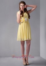 Yellow Empire Straps Mini-length Organza Hand Made Flower Prom Dress