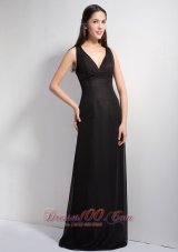 Black Column V-neck Floor-length Elastic Wove Satin and Chiffon Prom Dress