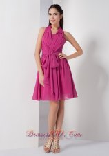 Fushia A-line Halter Knee-length Chiffon Ruch Prom Dress