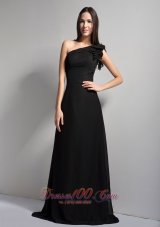 Black A-line One Shoulder Brush Train Chiffon Prom Dress