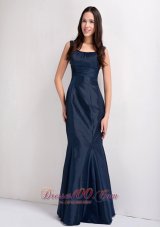 Navy Blue Mermaid Scoop Floor-length Taffeta Ruch Bridesmaid Dress