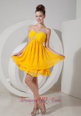 Yellow Empire One Shoulder Mini-length Chiffon Beading Prom / Homecoming Dress