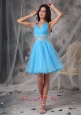 Aqua A-line V-neck Mini-length Organza Beading Prom / Cocktail Dress