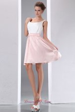 White and Pink A-line Scoop Mini-length Taffeta Prom Dress
