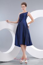 Navy Blue Empire One Shoulder Knee-length Taffeta Hand Made Flowers Prom / Homecoming Dress