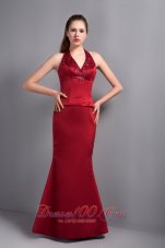 Popular Wine Red Satin Mermaid Halter Top Bridesmaid Dress with Beading