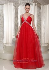 Long Prom Dress With V-neck Red Chiffon 2013