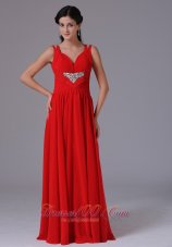 Stylish Red V-neck Beading and Ruch Prom Celebrity Dress With Floor-length In Alaska