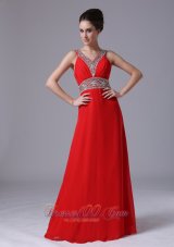 Beaded Decorate Shoulder Empire Chiffon Red V-neck Prom Dress Floor-length