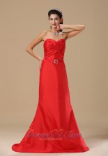 Alexandria Ruched Decorate Bust Sash With Beading A-line Satin Red 2013 Prom / Evening Dress Brush Train