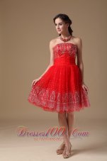 Custom Made Red A-line Short Prom Dress Strapless Taffeta and Organza Embroidery Knee-length