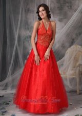 Unique Red A-line Halter Prom Dress Tulle Beading and Appliques