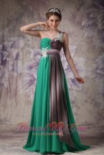 Cheap Green Empire One Shoulder Evening Dress Chiffon Appliques Brush Train