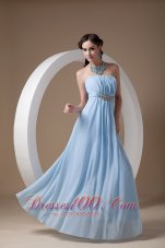 Light Blue Elegant Bridesmaid Dress Empire Strapless Chiffon Beading and Ruch Floor-length