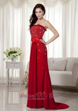 Elegant Wine Red Strapless Beading Prom Dress Brush Train Chiffon Bow Knot