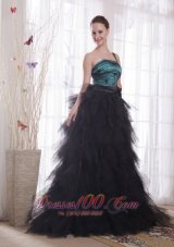 Black and Peacock Green A-line / Princess One Shoulder Brush Train Tulle Appliques and Ruch Prom / Celebrity Dress