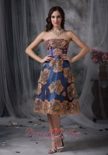 Unique Navy Blue Evening Dress A-line / Princess Strapless Tea-length Taffeta Appliques