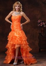 Custom Made Orange Red High-low Ruched Bodice 2013 Prom Dress With Organza