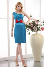 Elegant Sky Blue Cocktail Dress One Shoulder Column Bow Mini-length Taffeta