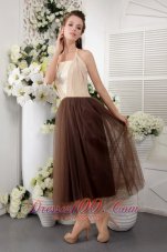 Brown Empire Halter Tea-length Tulle Lace Bridesmaid Dress