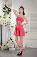 Coral Red Column/ Sheath One Shoulder Short Chiffon Appliques and Ruch Prom / Homecoming Dress