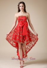 Luxurious Red A-line Cocktail Dress Strapless High-low Elastic Wove Satin and Lace Bow