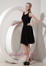 Customize Empire Scoop Little Black Dress Chiffon Hand Made Flower Knee-length