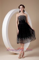 Low price Black A-line Prom Dress Strapless Organza Embroidery Tea-length