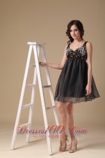 Cute Black A-line Straps Organza Beading Evening Dress Mini-length