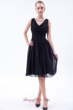 Black Empire V-neck Knee-length Chiffon Ruch Bridesmaid Dress