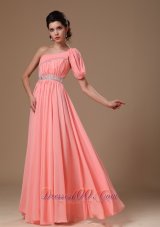 Watermelon One Shoulder Chiffon Graduation Beaded Decorate Waist Customize Prom Gowns