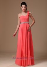 One Shoulder Watermelon Beaded Decorate Waist Chiffon Hand Made Flowers Prom Gowns For Custom Made In 2013